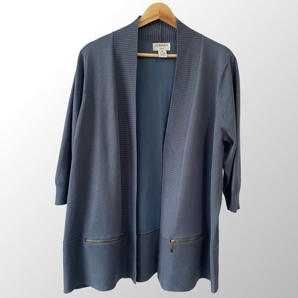Carmen Marc Valvo Open Front Cardigan Zip Pockets Size 2X 3/4 Sleeve Soft